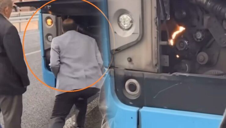 Otobüsün motorunda çıkan yangını üfleyerek söndürmeye çalıştı