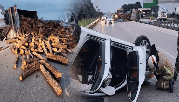 Dökülen tomruklara çarpan otomobil takla attı