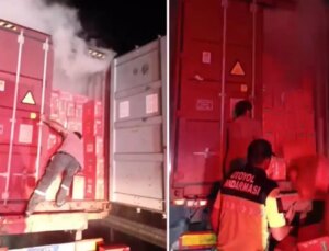 Seyir halindeki tır alev aldı: Makarnaları dorseden atarak kurtarmaya çalıştı