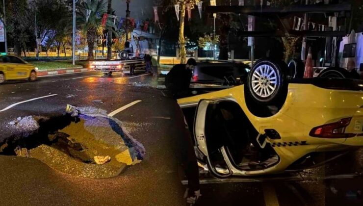 Vatan Caddesi’nde yol çöktü: Taksi takla attı