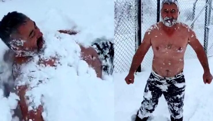 Karda soyunup kar banyosu yaptı