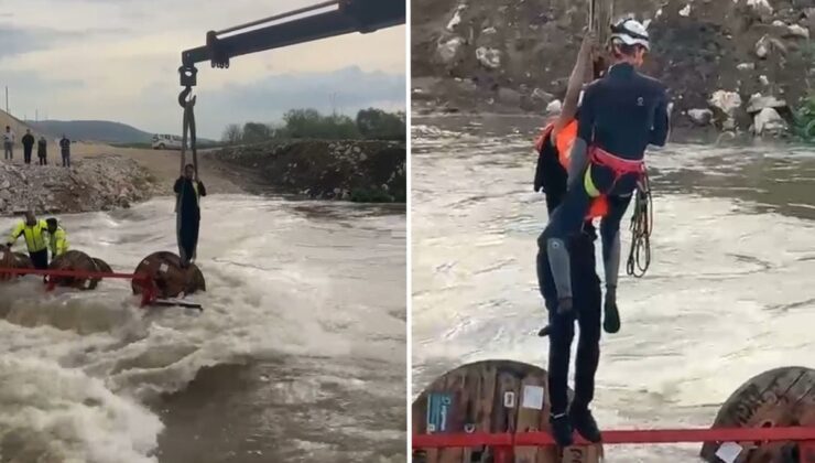 Bursa’da akıntıya kapılarak devrilen traktördeki 10 işçi vinçle kurtarıldı
